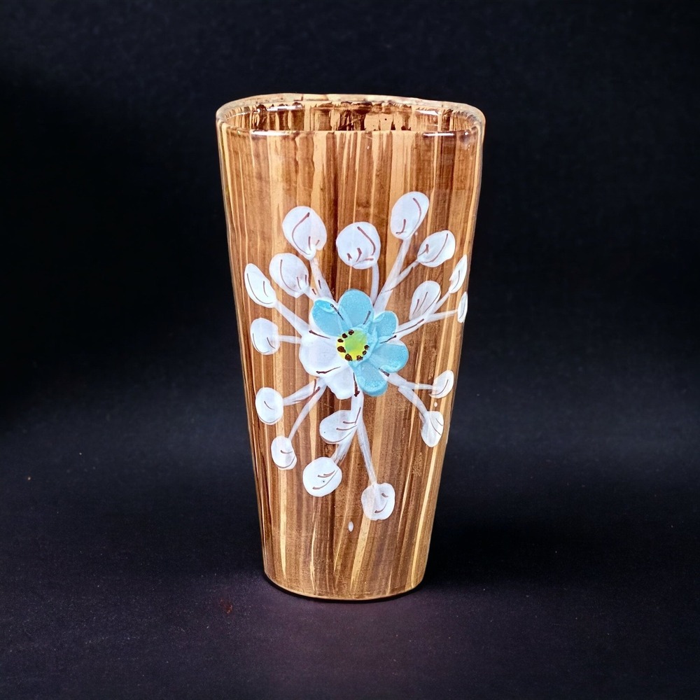 Italy Pottery Vase Wood Grain‎ Glaze Blue Flower Relief 8 Inch